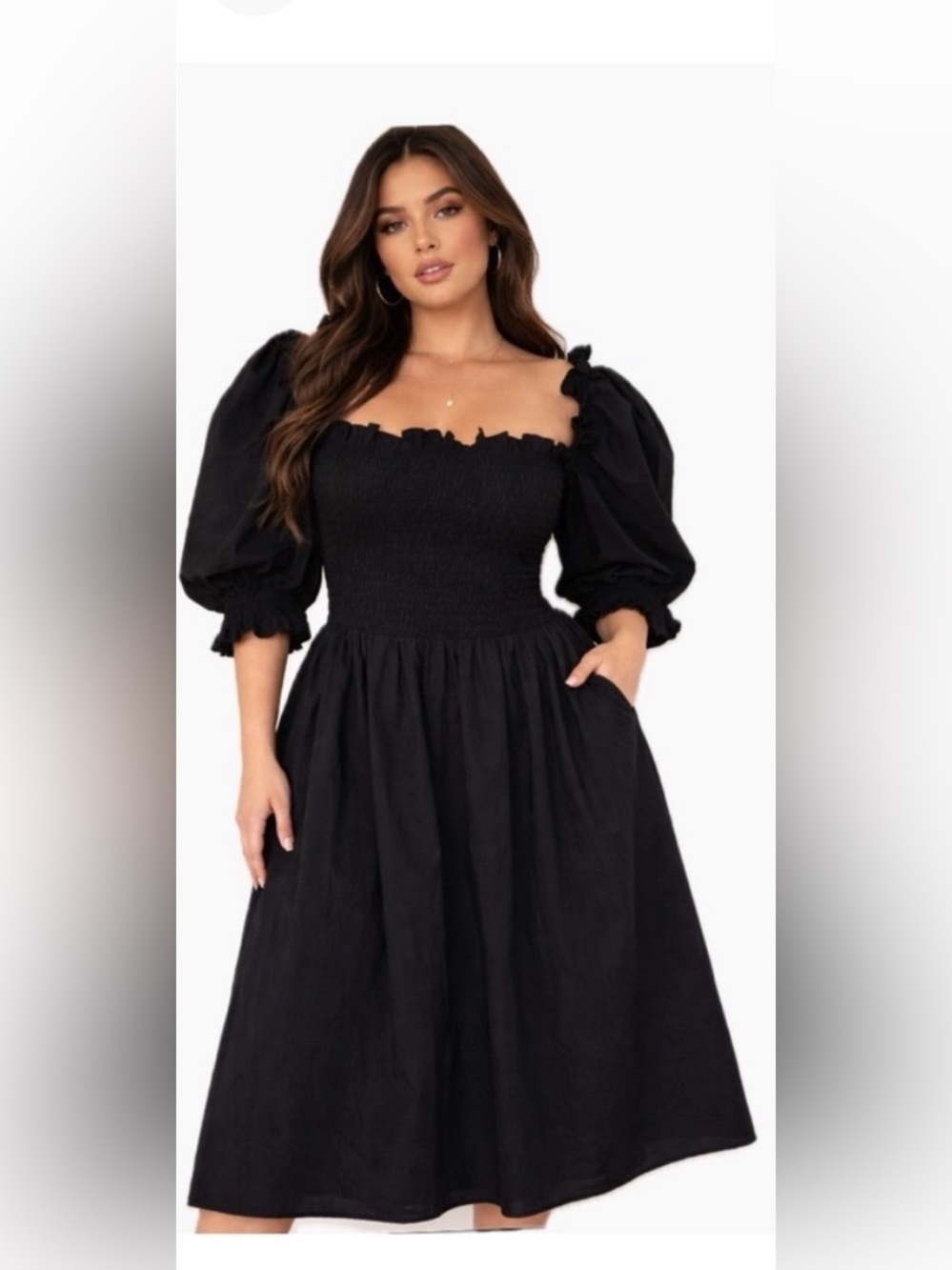 HOUSE OF CB London Black Puff Sleeve Smocked Midi dress